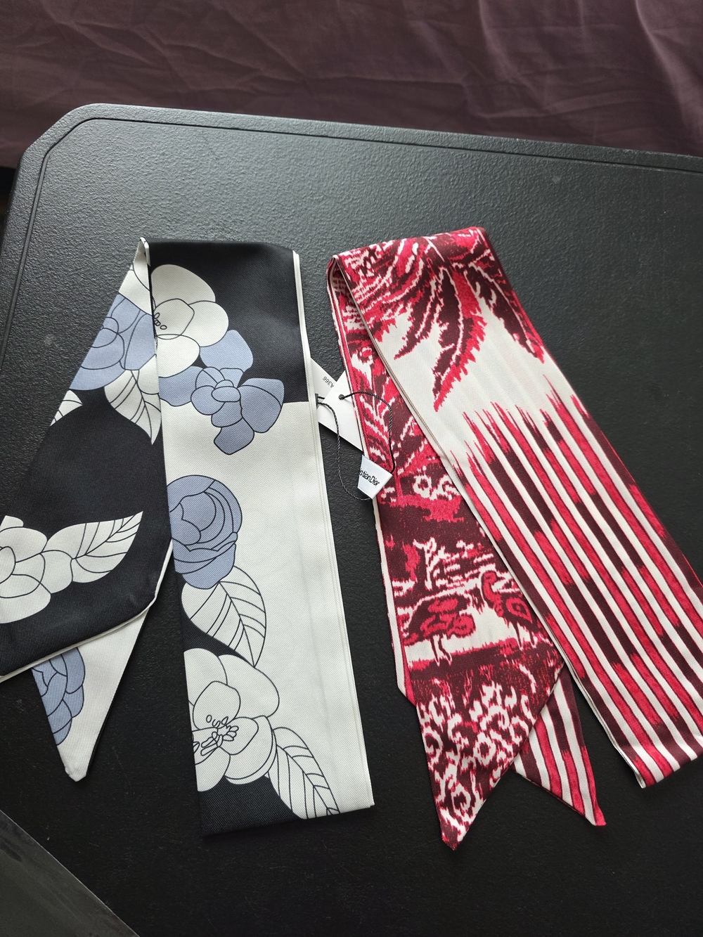 Two-Piece Twilly Scarf Set - Black/White/Blue Floral & Red/White Pattern